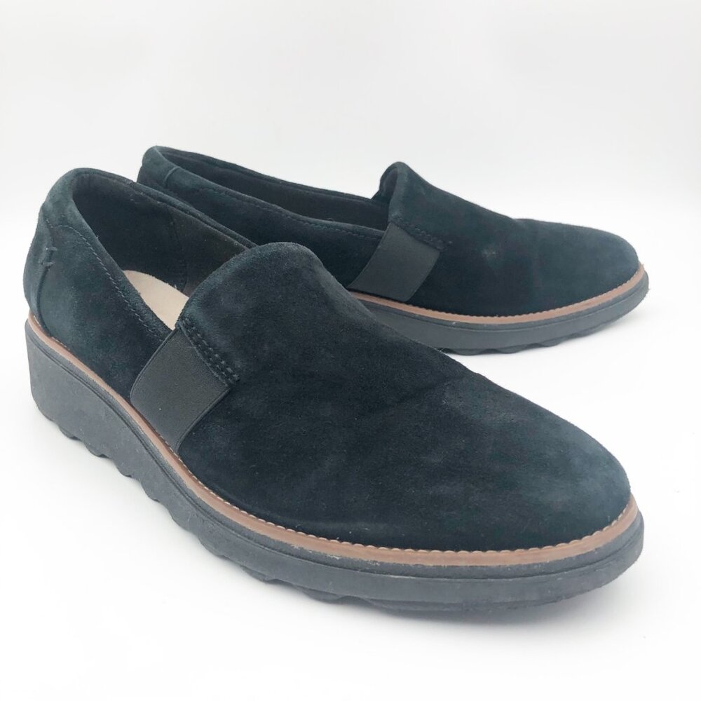 CLARKS Collection Sharon Tori Black Suede Wedge Loafers Womens 9.5 Office